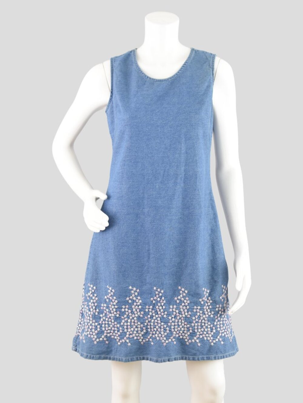 Vintage Jean Dress, Embroidered Floral Pinafore Jumper, Women's Small